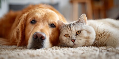 Naklejka na ściany i meble Adorable dog and cat relaxing together on the floor in a cozy and bright home environment, showcasing friendship and companionship between pets