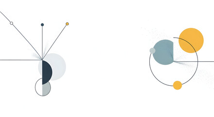 Minimalist abstract geometric composition with intersecting lines and overlapping circles in muted yellow, blue, and gray tones