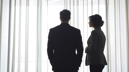 Generative AI depiction of two business professionals engaging in strategic discussion by a large