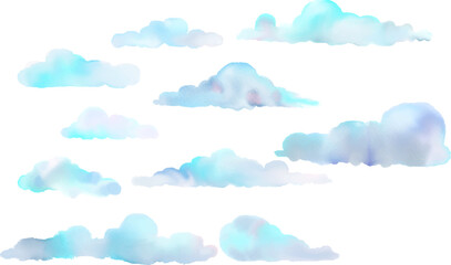 Pastel blue cartoon clouds isolated on white background. Hand drawn watercolor illustration.