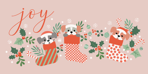 Festive illustration of adorable puppies in christmas stockings with holiday decor