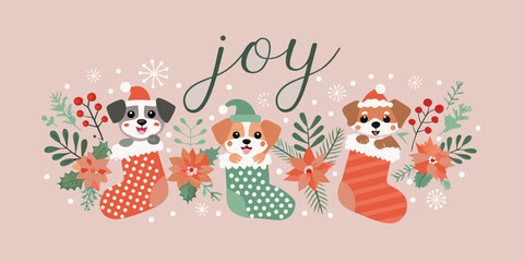 Festive illustration featuring adorable puppies in christmas stockings and winter decor