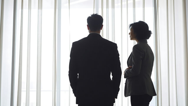 Generative AI depiction of two business professionals engaging in strategic discussion by a large - Powered by Adobe