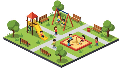Squared 3D Isometric View Vector of children playing at a playground with slide, swing, sandbox, and trees under sunny sky. Ideal for kids activity content, education, and playful illustration