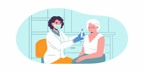 Healthcare professional administering a vaccine to an elderly woman in a clinic