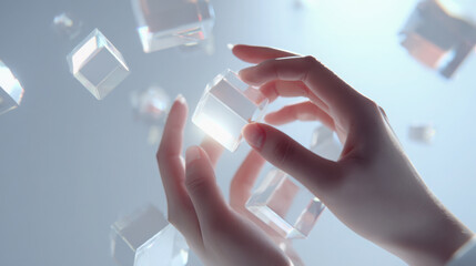 Transparent cubes float around hands, symbolizing ethical use of AI and human oversight in technology