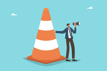 Leadership qualities to prevent risks in the chosen business strategy, and unforeseen circumstances, mentoring to solve complex problems, man near a traffic cone announces a danger through megaphone.