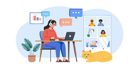 A woman working remotely with a cat enjoying a virtual meeting setup