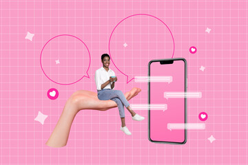 Banner 3d image pop trend collage of happy girl sit hand phone like notification reaction blogging...