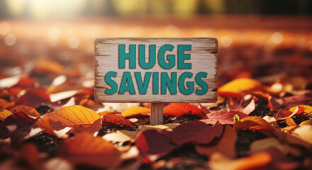 Wooden sign with "HUGE SAVINGS" text placed among fallen foliage, representing a sale or promotional offer during autumn season, inviting attention