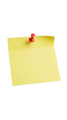 Yellow sticky note pinned with a red pin on transparent background