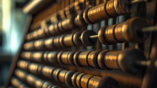 A detailed view of an abacus with blurred background, suitable for educational or historical context