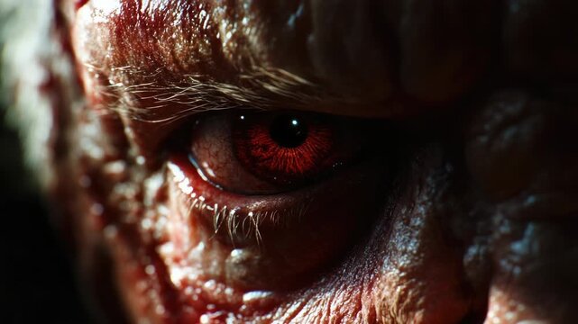 A close-up shot of an eye with blood on the iris, possibly injured or in distress