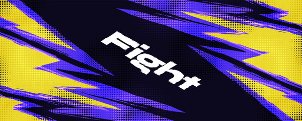 Dynamic Sport Background with Purple and Yellow Brush Strokes and Halftone Effect. Poster or Banner Template Design for Sports Events or Video Games Promotion