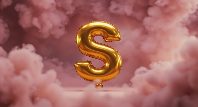 Golden Letter S Foil Balloon Floating Elegantly Amidst Dreamy Pink Smoke and Clouds A Festive Celebration Design - Powered by Adobe