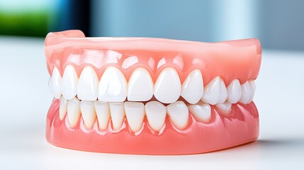 Fototapeta premium Full Set of Artificial Teeth on White Surface