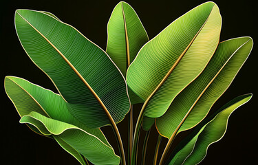 Obraz premium Lush green tropical leaves with detailed veins and golden stems, vibrant botanical foliage evoking calm and natural elegance in dark background