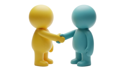 Two stylized figures shaking hands PNG isolated on transparent background, yellow and blue characters in agreement for business or teamwork