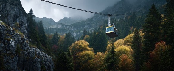 Mountain cable car climbs above dense forests and rocky landscape.