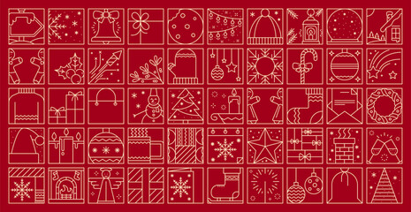 Obraz premium Christmas holiday line decoration elements of snowflake, jingle bell, gift, gingerbread cookie, garland, hat, house, bauble and firework. Vector mitten, candy, sweater, snowman and pine tree, candle