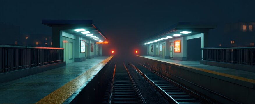 Nighttime view of a city subway station with glowing platforms and bright lights - Powered by Adobe