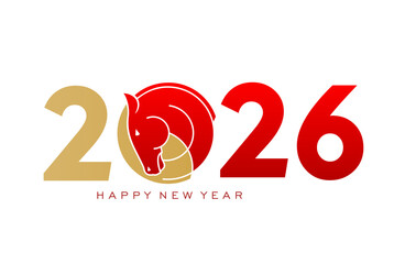 2026 oriental year of horse sticker or symbol. Lunar calendar 2026 typography, Chinese zodiac 2026 year calendar date vector patch. Oriental New Year number label with golden text and red horse head