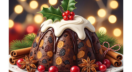 A delectable christmas pudding adorned with white frosting, holly leaves, and red berries, surrounded by cinnamon sticks, star anise, and cranberries, set against a backdrop of bokeh lights, creating 