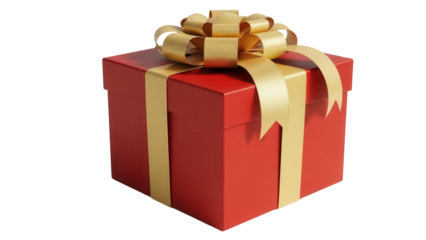Red gift box with golden ribbon isolated PNG, present for Christmas or birthday on transparent background, celebration and surprise