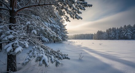 Snowy pine branches frame a winter forest landscape illuminated by soft sunlight