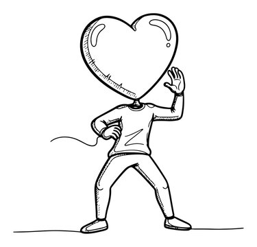Funny character with big heart shaped head vector illustration hand drawn sketch style man representing love and valentine concept