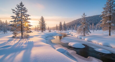 Winter Wonderland: Snow-Covered Trees and River at Sunset in Finland