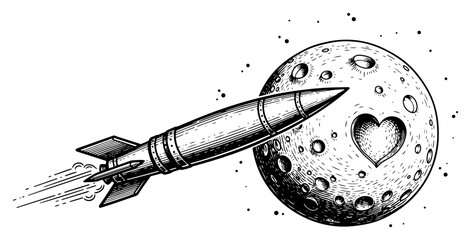 Vector engraving illustration of a retro rocket ship flying to a moon with a heart crater hand drawn sketch of space travel symbolizing love journey © Celestynka