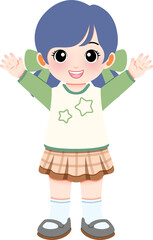 Cheerful cartoon girl character illustration with vibrant blue hair and a friendly smile, standing with arms open in a welcoming gesture, perfect for children's educational content or playful designs