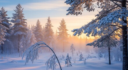 Golden Sunrise Illuminating a Snow Covered Forest in Wintertime