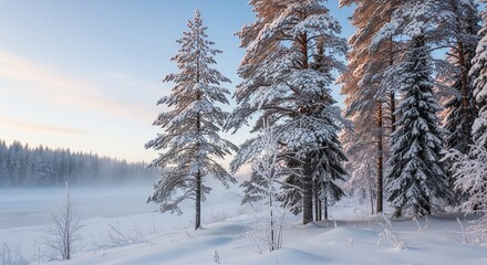 Peaceful winter wonderland scene with snow-covered trees and soft light