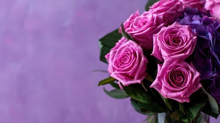 Group of vibrant pink roses and dark purple blossoms arranged against a textured lavender background offers copy space