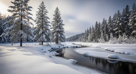 Serene winter landscape featuring a snow-covered river and tall pine trees