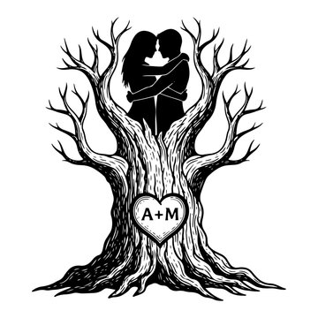 Romantic tree with silhouette of hugging couple in branches and carved heart with initials on trunk vector illustration