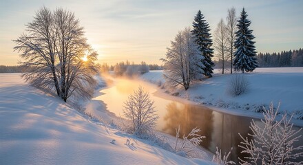 Serene winter sunrise over snow covered river with frosted trees