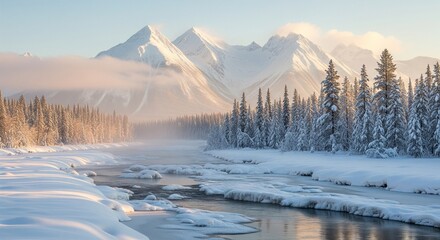Majestic Snowy Peaks Reflecting in the Serene River During Golden Hour