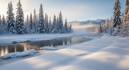Serene Winter Landscape with Snow-Covered Trees and Calm River