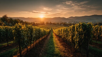 Fototapeta premium Rows of grapevines stretch towards the horizon as the sun sets behind hills. The sky shows warm colors while the vineyard shows signs of the harvest season