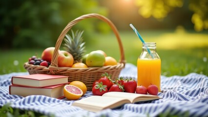 Neatly arranged picnic blanket with fruits and books bright fresh outdoor leisure serene summertime feel