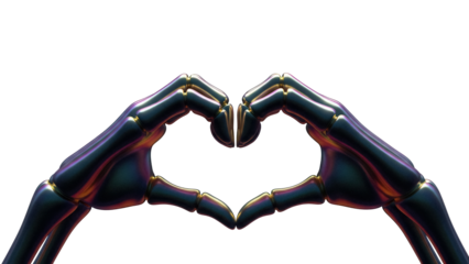 Metallic skeleton hands making heart shape isolated PNG, iridescent bones forming love symbol on transparent background, gothic romance concept