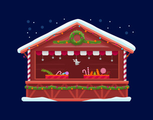 Naklejka premium Christmas market booth with winter holiday treats or street bazaar kiosk stall, cartoon vector. Christmas market store booth or shop kiosk stand with candy canes and New Year confection sweets
