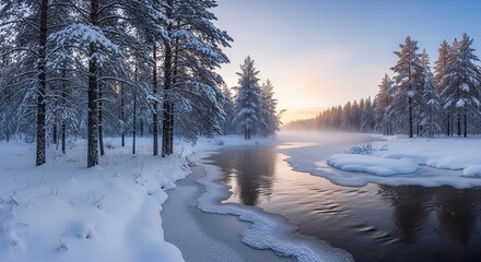 Serene Winter Landscape: Snow-Covered Trees and River at Sunrise