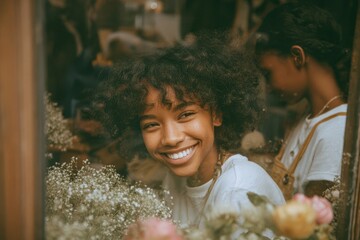 Soft natural light filters through the window of a charming florist shop. A young Latin girl beams as she selects a fresh bouquet from a smiling African woman botanist