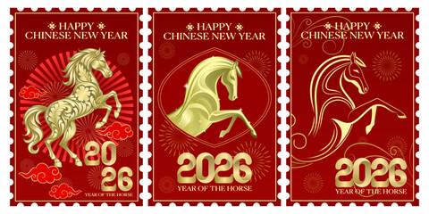 Naklejka na ściany i meble Golden horse illustration for 2026 chinese new year celebration on red background symbolizing strength and prosperity, vector eps