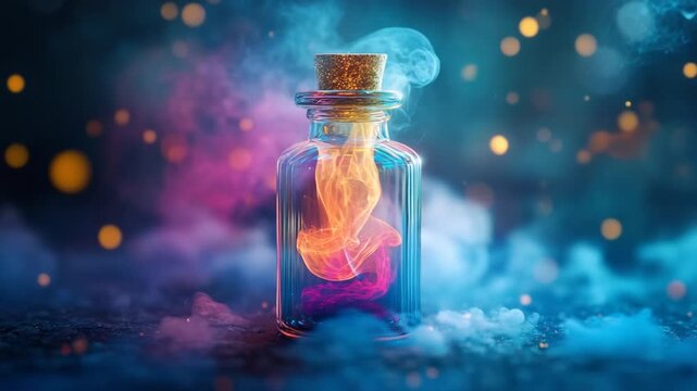 Magical Potion Bottle with Colorful Smoke and Bokeh Lights.