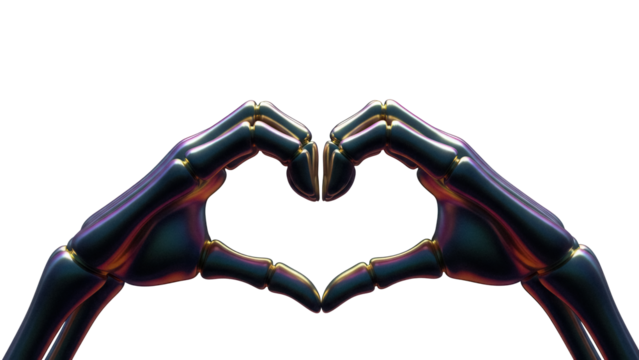 Metallic skeleton hands making heart shape isolated PNG, iridescent bones forming love symbol on transparent background, gothic romance concept - Powered by Adobe
